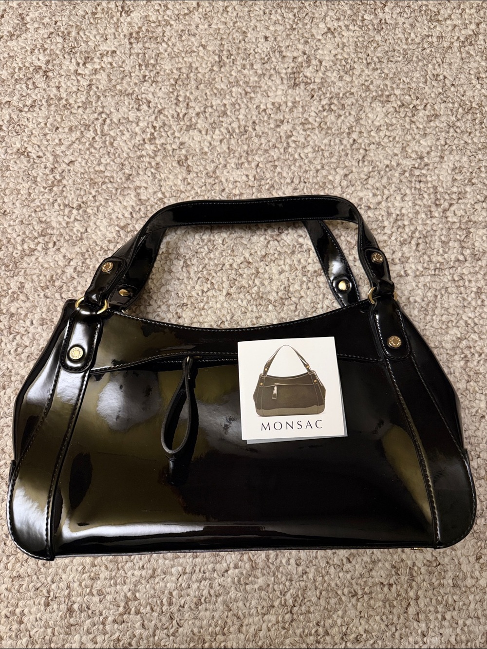 Monsac Black Patent Shoulder Bag with Gold Accents